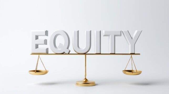 The word EQUITY spelled out in large 3D letters, placed on a balance scale, symbolizing justice and fairness