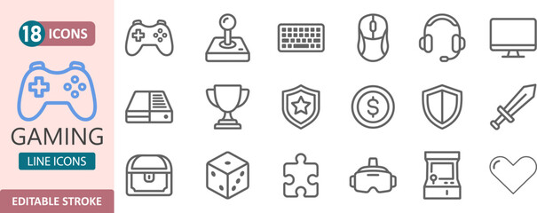 Gaming equipment and console line icons set for game enthusiasts with game controller joystick keyboard © Iconwale