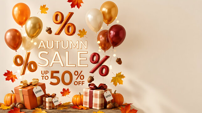 Autumn sale banner with balloons and gifts. Seasonal discount promotion with fall leaves.