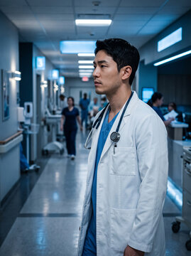 Male Asian Doctor in White Coat Walking Down Hospital Corridor