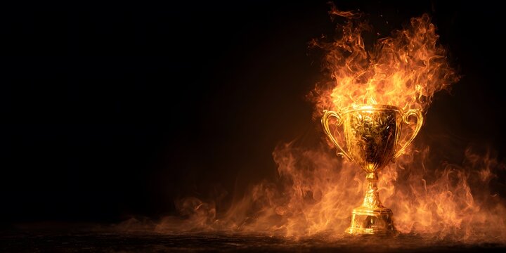Golden trophy engulfed in flames against a dark background.
