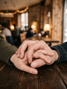 Tender Close Up of Couple Holding Hands on Wooden Cafe Table