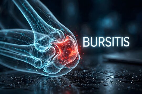 Medical concept of bursitis showing glowing red joint inflammation and pain in anatomical structure