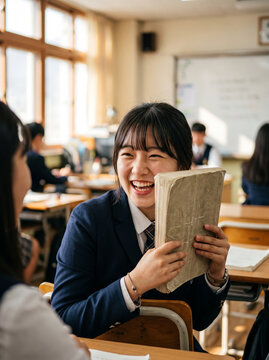 Happy Asian Female Student Reading Book and Laughing in Classroom