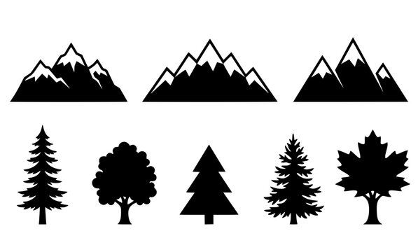 Black silhouette collection mountains and trees for nature inspired designs