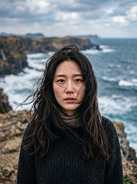 Moody Portrait of Woman Standing on Windblown Ocean Coast Cliff
