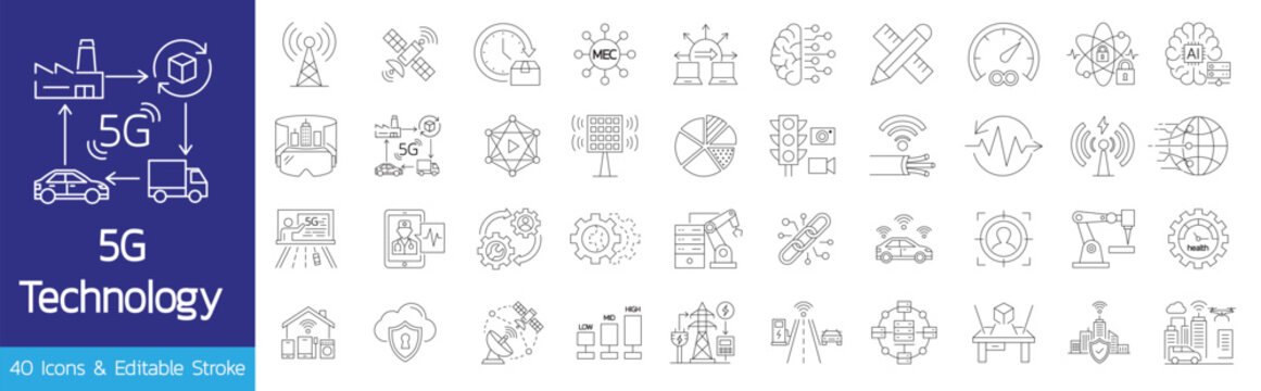 5G technology line icon set for network communication and smart industry vector illustration.Editable stroke, Vector illustration, Line art Icon, Symbols.