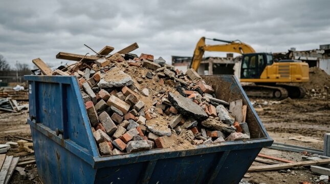 Pile of rubble and bricks in blue dumpster Debris from a building demolition includes broken