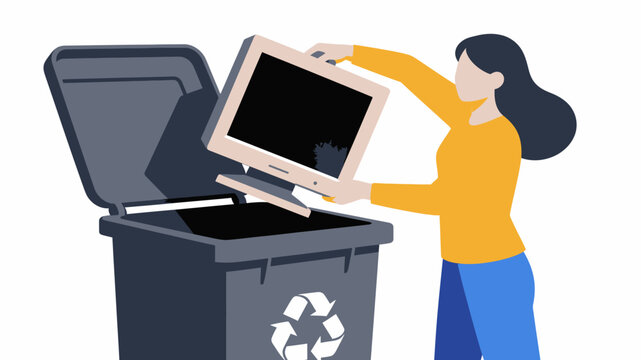 Woman Disposing of Old Computer Monitor into Recycling Bin for Electronic Waste.