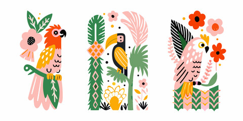 Tropical parrots and plants colorful vector illustration on white background © Kishar