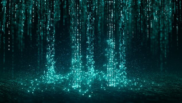 Futuristic Binary Code Data Visualization with Glowing Teal Light Pillars and Abstract Digital Network Background
