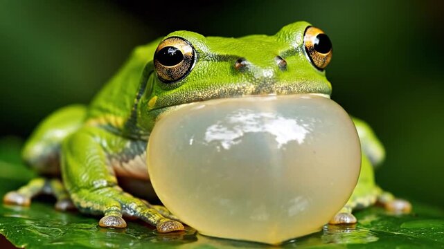 Close up of a green tree frog with inflated vocal sac.
