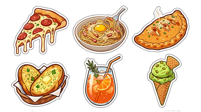 Vector sticker sheet set of delicious Italian food items including pepperoni pizza, carbonara pasta, calzone, garlic bread, cocktail, and gelato