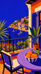 Obraz premium Vibrant coastal scene with sailboats and terrace mobile wallpaper.