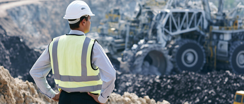 Mining Engineer Inspecting Operation: A mining engineer in a hard hat and reflective vest surveys a vast open-pit mine, observing heavy machinery at work.