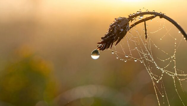 Macro shot of a dewdrop on a spiderweb with a plant in soft focus.