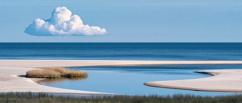 Minimalist peaceful panoramic coastal landscape with single large fluffy white cloud floating over deep blue ocean and curved sandy inlet with calm water shows calm natural minimalist seascape