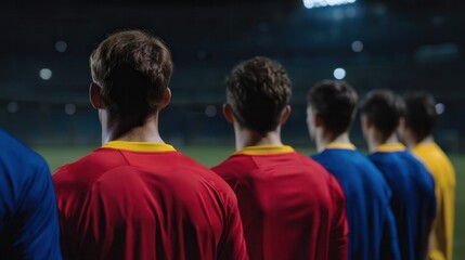 Obraz premium Soccer players standing on the field, facing away from the camera, wearing team jerseys, and looking at the stadium lights during an evening football match event