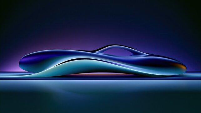 Sleek futuristic abstract car concept with smooth flowing glossy blue gradient shape on dark gradient background shows modern automotive design inspiration