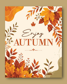 Autumn Seasonal Floral Background Template with Colorful Maple Leaves, Elegant Fall Botanical Frame Design for Greeting Card, Invitation, Poster, Banner and Harvest Celebration