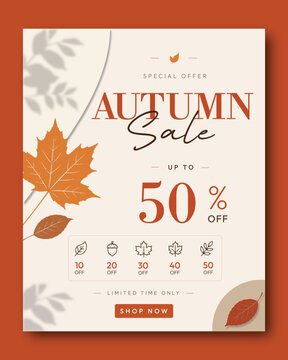 Autumn Sale Promotional Flyer Template with Maple Leaves, Elegant Seasonal Discount Poster, Minimal Retail Shopping Banner Design for Fall Marketing and Special Offer Campaign