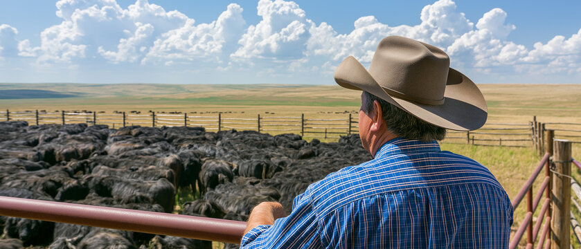 Cowboy Contemplation in the Prairie: A rancher in a cowboy hat surveys the vast prairie landscape under a sky dotted with dramatic clouds, a symbol of rugged individualism and the untamed West.