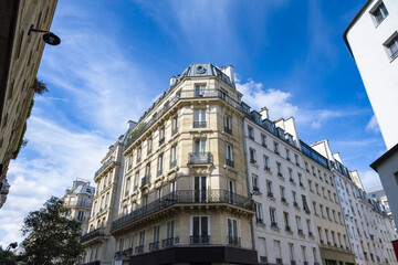 Fototapeta premium Paris, typical buildings in the Marais, rue Saint-Denis, in the center of the french capital 