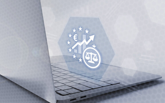 Diese digitale Grafik zeigt ein Notebook mit einem projizierten Icon-Design, das europ&auml;ische Finanzm&auml;rkte, wirtschaftliches Wachstum, eine Euro-Statistik und juristische Gerechtigkeit symbolisiert.