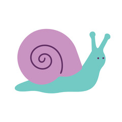 Cute purple snail vector illustration. Flat cartoon slow garden mollusk creature, funny animal character isolated design element