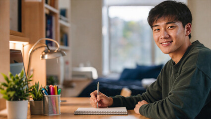 Fototapeta premium Dorm rooms with copy space for branding and ads. College student smiling while using laptop in cozy study area.