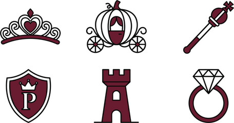  Fairy tale princess icon set vector illustration featuring tiara crown pumpkin carriage scepter castle shield and diamond ring © MSTSULTNA
