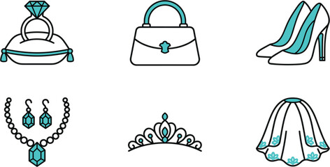 Luxury bridal fashion and wedding accessories icon set vector illustration featuring diamond ring tiara necklace heels veil © MSTSULTNA