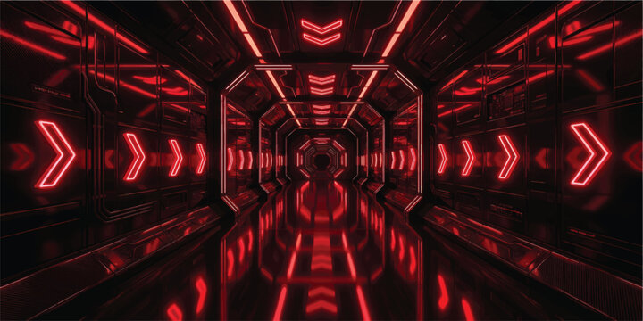 Abstract tunnel with glowing red and blue neon arrows corridor abstract direction technology reflective perspective geometric neonlight composition movement background electric navigation