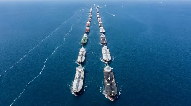Aerial view of many large oil tankers anchored in a long line in a narrow sea channel, illustrating global energy trade bottleneck and supply chain disruption.