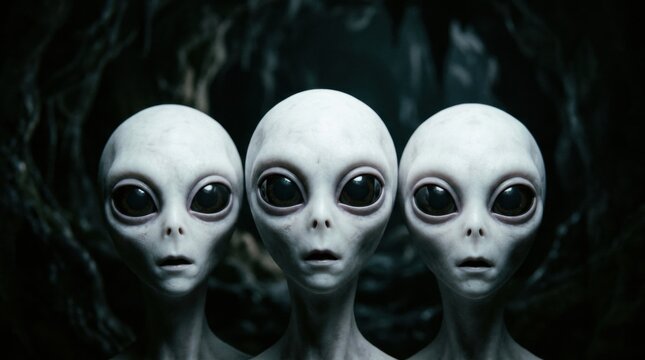 Three eerie white alien faces gazing at the Mysterious group of humanoid figures emerging from