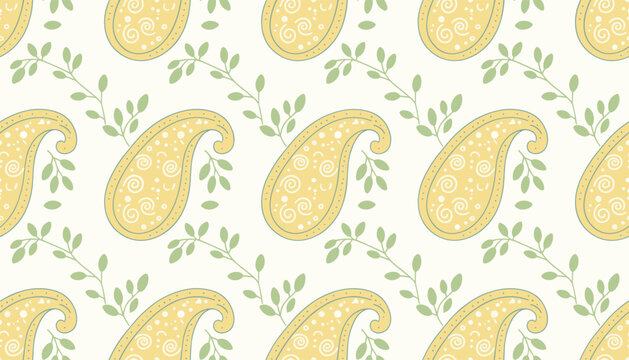 Seamless background pattern featuring traditional yellow paisley motifs and green leafy branches on an off-white backdrop.