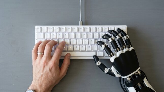 Top-down view of a human and robotic hand typing