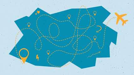 Travel route map showing different paths, destinations, and an airplane flying above it in a simple design © fotofabrika