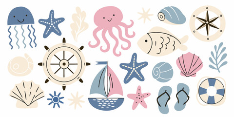 Nautical Illustration Collection With Marine Life And Beach Elements © Amala
