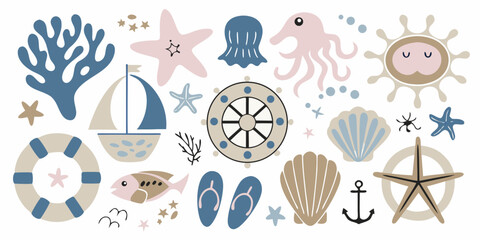 Nautical Elements Collection Flat Vector Illustration With Pastel Colors © Amala