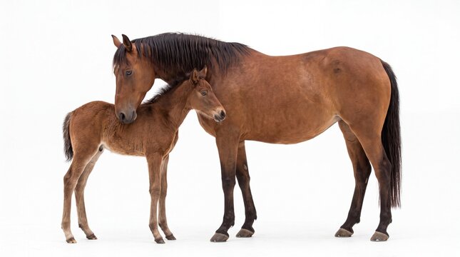 Beautiful brown mare horse standing with her young cute foal