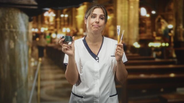 Woman in white coat holds jar and paintbrushes up with eyes closed and lips pursed standing in building aisle; resignation doubt.