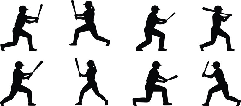 Baseball Player Silhouette Set with Batting Poses Isolated Vector Sports Collection