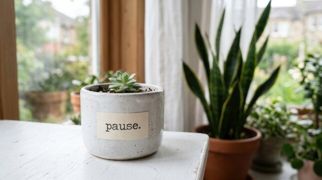 Tranquil Scene: White Ceramic Pot with 'Pause' Label, Take a moment to pause and breathe
