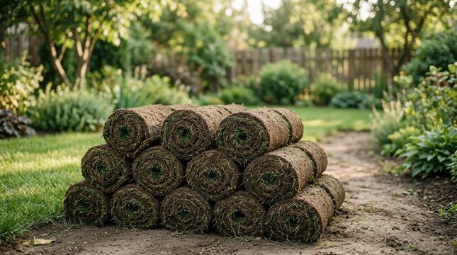 Tranquil Scene of Neatly Stacked Freshly Cut Dark Fresh sod rolls outdoors, ready for lawn