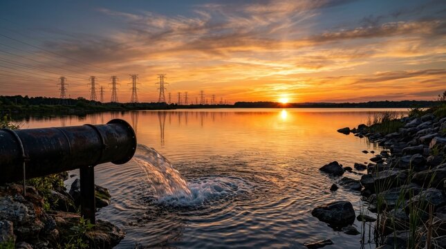 Tranquil Water Scene at Sunset with Reflective Pipe, Polluted wastewater flowing from industrial pipe into natural