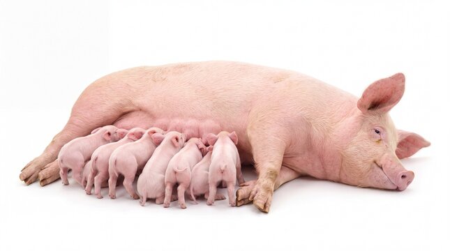 Mother pig nursing her group of cute little piglets