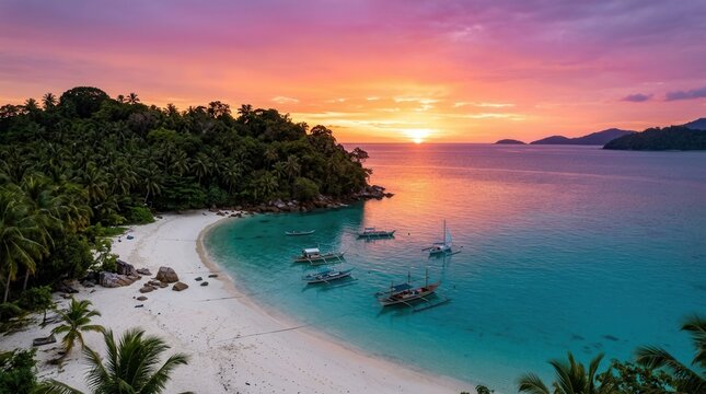 Tropical Island Sunset: Pink Sky, Turquoise Waters, Boats landscape Similan islands Andaman sea place