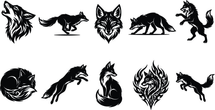 Collection of bold wolf and fox vector silhouettes howling head logos and active running poses isolated on white background for powerful branding design elements