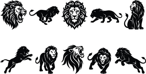 Set of dynamic black lion vector silhouettes roaring heads and majestic running poses isolated on white background for powerful branding mascot design  © MstMonjila